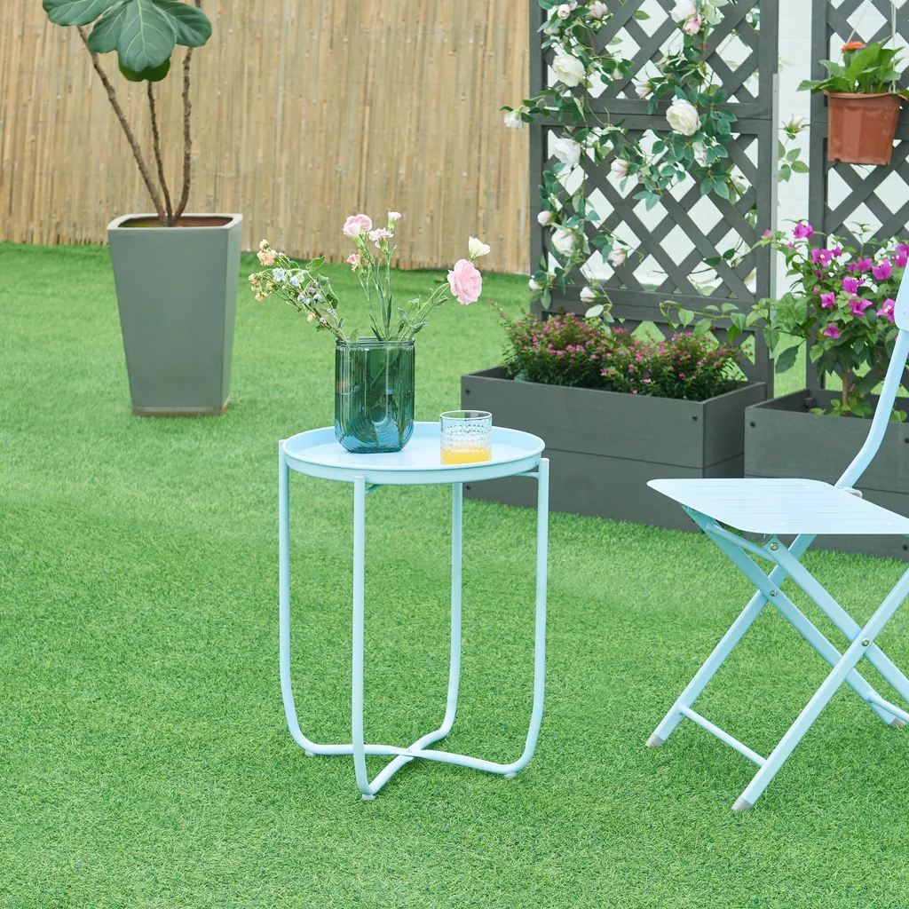 Petite table de salon ronde bleu ciel plateau amovible pour service thé