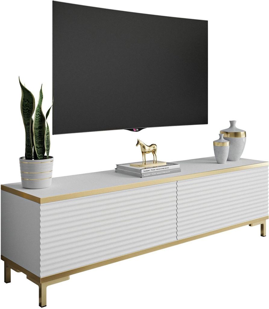 RTV Schrank OXFORD II 135 cm, Weiß / weiß matt + gold, Produktbild 