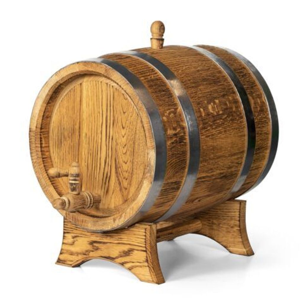 A wooden barrel on a stand, isolated on a white background.