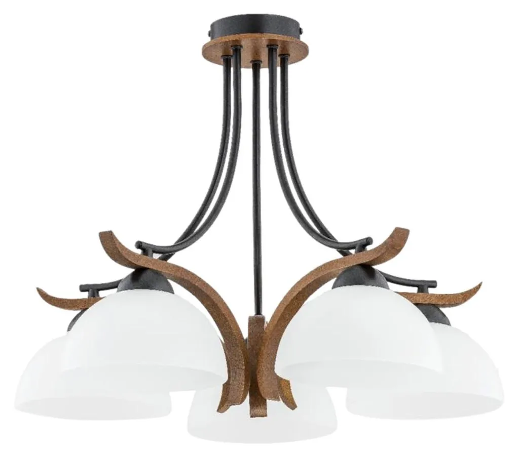 Lustre Suspension Bois Foncé et Métal Noir BAFIA 5 Lumières Salon Chic