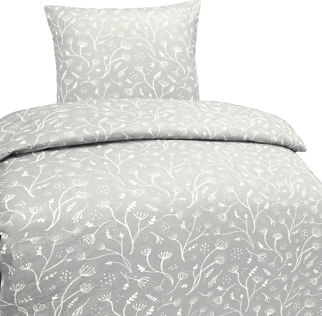 Hochwertige Baumwolle Bettwäsche Blumen Grau Weiß 135x200 Produktbild 