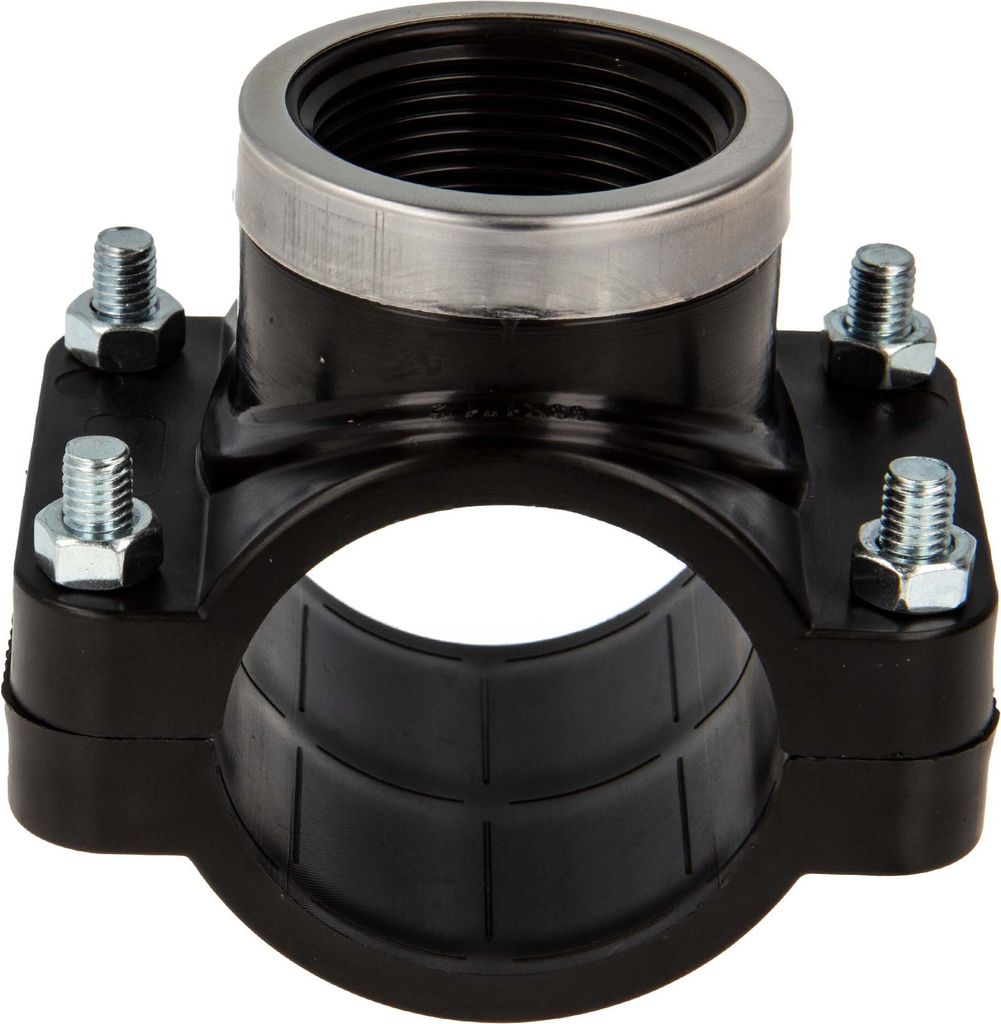 tecuro Anbohrschelle für PE-Rohr Ø 110 mm, mit Innengewinde 2 1/2 Zoll, verstärkt - Trinkwasser geeignet, PP schwarz