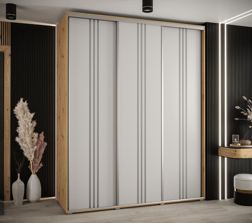 Kleiderschrank YVONA 6 - 200/60 cm, Eiche handwerklich / weiß / silber