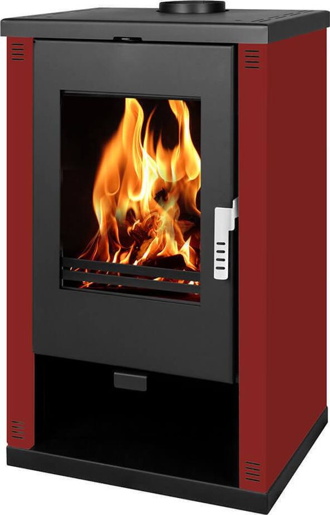Holzofen Verso Theia – 9 kW | Bordeauxfarbene Seitenpaneele und modernes Design