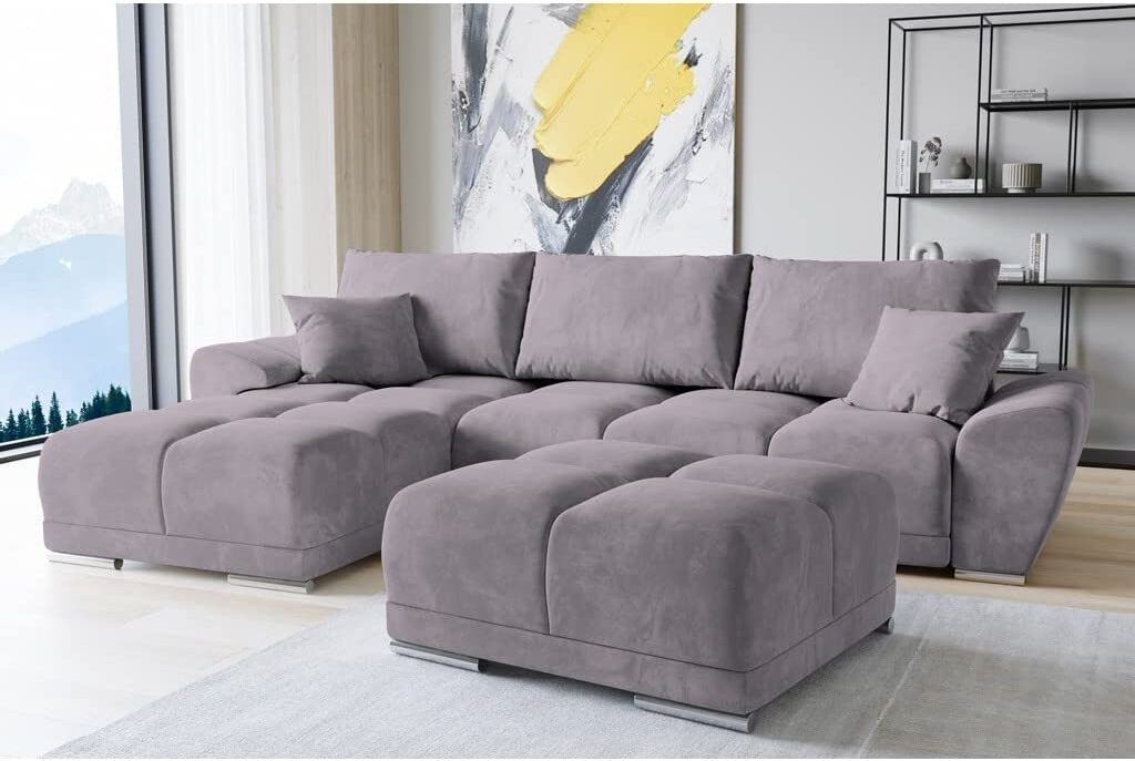 Set Velvet Ecksofa in L-Form 289 x 189 cm + Polsterhocker, Sofa mit Schlaffunktion, Fußhocker, Schlafsofa mit Bettkasten, Sitzpouf Farbe: Lila