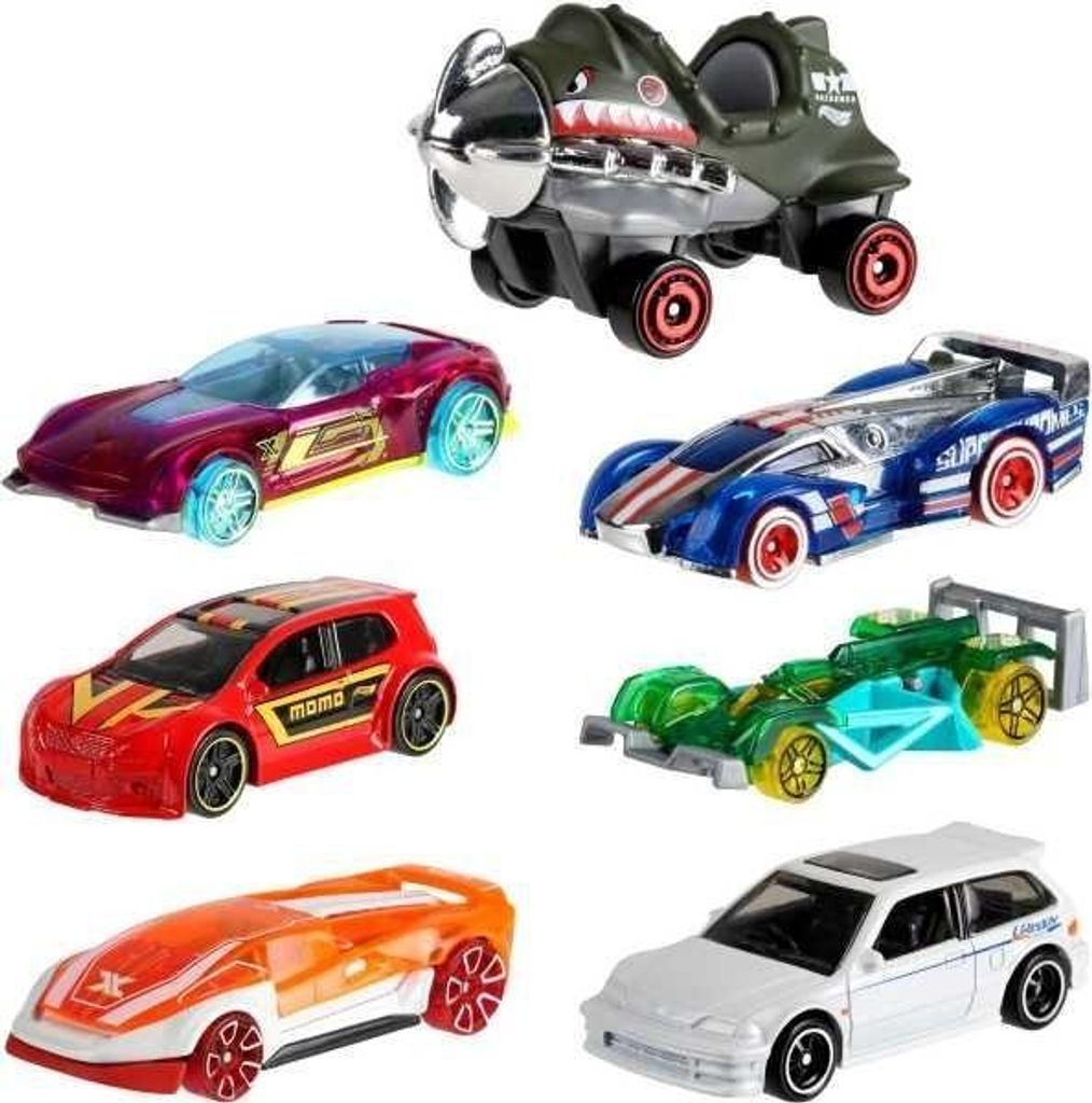 A collage of various Hot Wheels toy cars.