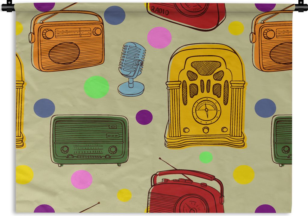 MuchoWow Wandteppich Wandbehang Vintage - Radio - Mikrofon - Muster 90x67.5 cm Tapisserie Dekoration Wandtuch - Fototeppich - Wand-Skulpturen