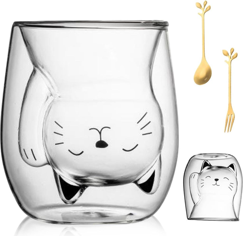 Gohytal Doppelwandige Gläser, süße Katzenbecher, 200 ml, doppelwandige Isoliergläser, Kaffeegläser, Kaffeetassen, Geschenk für Geburtstag, Fr...
