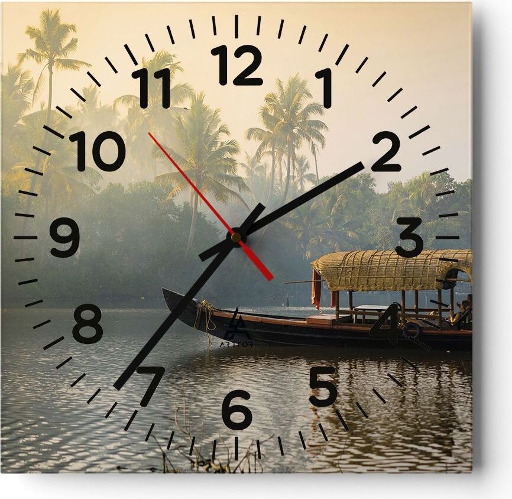 Wanduhr - Quadrat - Glasuhr - Indien Boot Fluss - 40x40cm - Schleichendes Uhrwerk - Lautlos - zum Aufhängen bereit - Dekoration Modern - Wanddekor...