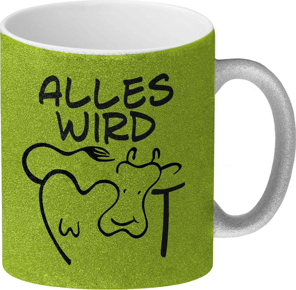 Alles wir KUHt Glitzer-Kaffeebecher in grün zum Thema Produktbild 