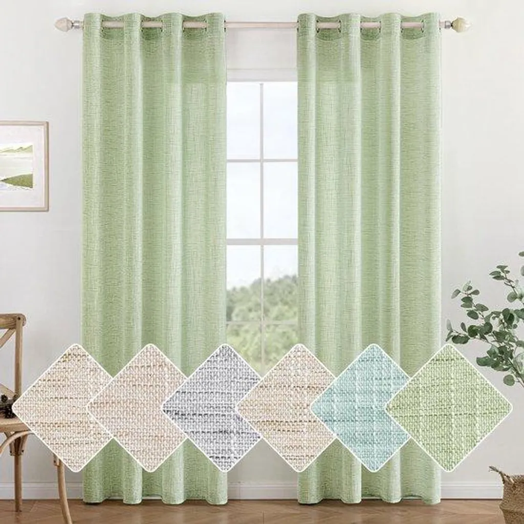 Rideau Aspect Lin Vert avec Œillets 140x240cm - Décoration Salon et Chambre