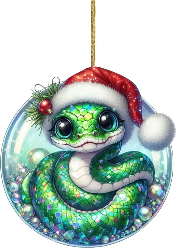 Schlangen-Weihnachtsornament, flach, 2D-Acryl, Cartoon-Schlangenanhänger, festliches Weihnachtsmannmützen-Schlangenornament für Baum, Tür, Kami...