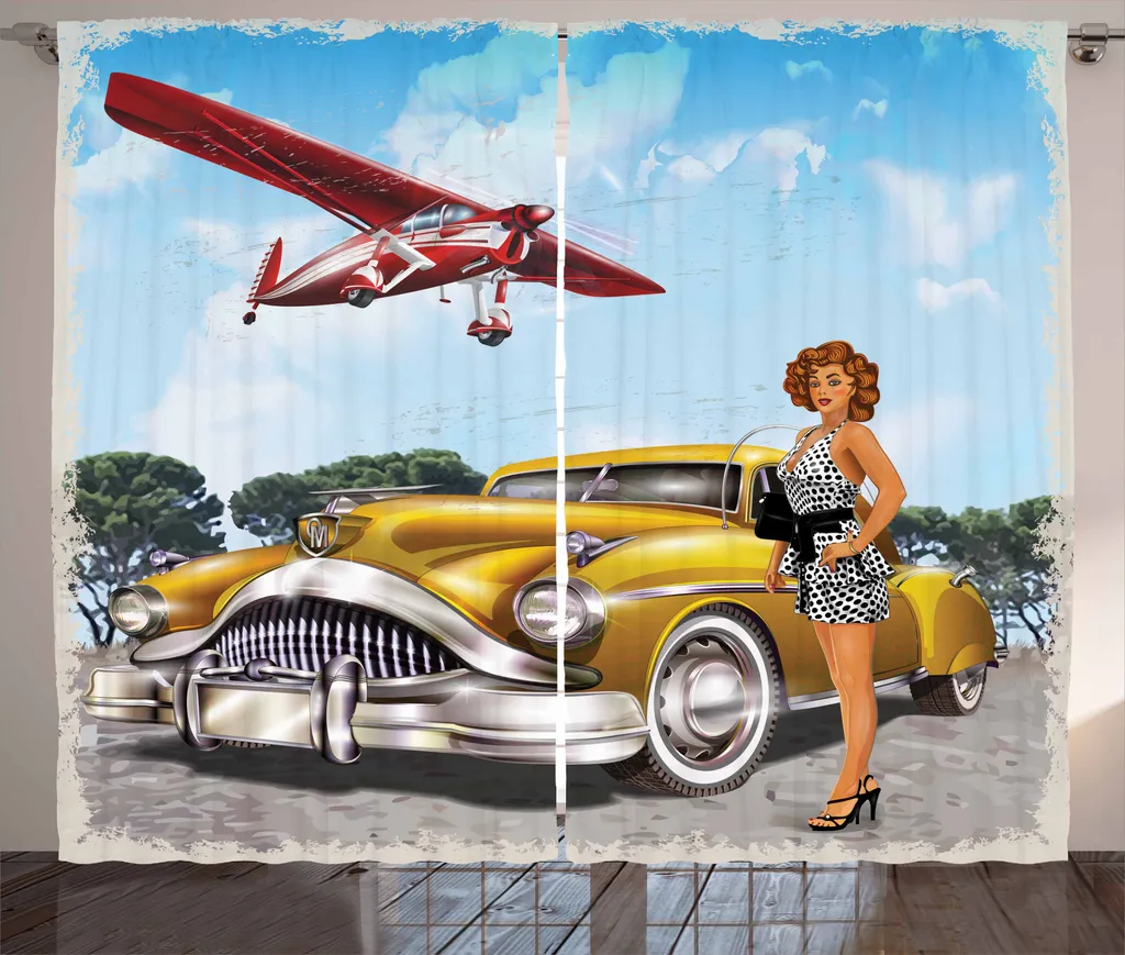 Tenda Retro Pin up Girl e Biplano | ABAKUHAUS 280x175 cm Rustica
