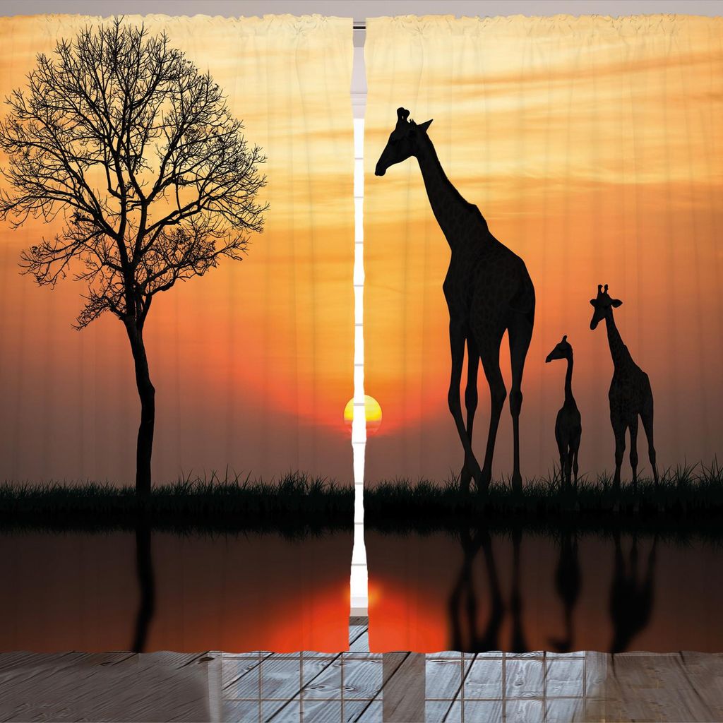ARANDE Afrika Gardine, Giraffen Familien auf Büschen Silhouetten Wasser See Sonne Horizont Muster, 280 x 245 cm, Orange Schwarz