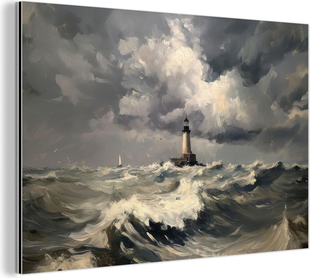 MuchoWow Wanddekoration Metall Metallbild Wandkunst 90x60 cm Leuchtturm - Wellen - Sturm MuchoWow Aluminium Gemälde - Wandbilder