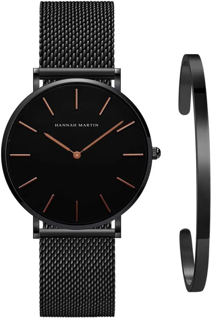 Orologi da donna analogici al quarzo in acciaio inox impermeabile Mesh Ultra Thin Set con Bangle Schwraz
