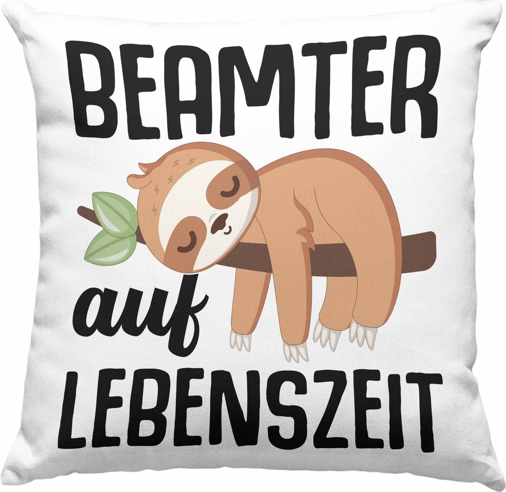Trendation - Beamter Auf Lebenszeit Deko-Kissen mit Füllung 40x40 Geschenk für Beamte Verbeamtet Lehrer Polizist Lustiger Spruch Faultier (Grün)