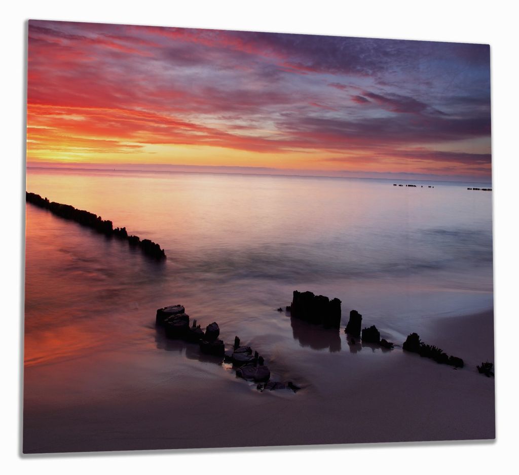 Wallario Herdabdeckplatte aus Glas, Größe 60 x 52 cm 1-teilig, Motiv Sandstrand im Sonnenuntergang - Roter Himmel