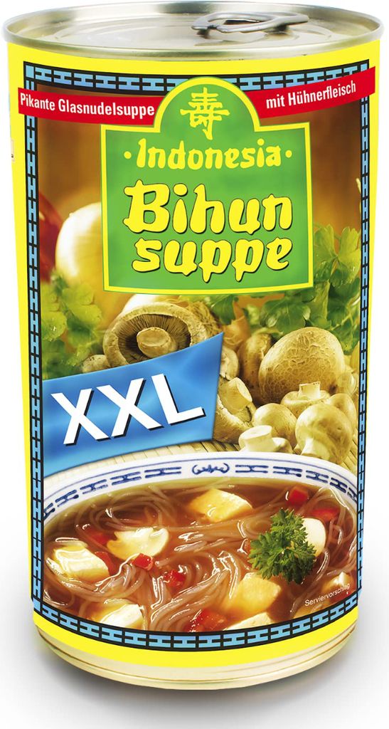 A can of Bihun soup with an image of the soup and ingredients on the label.