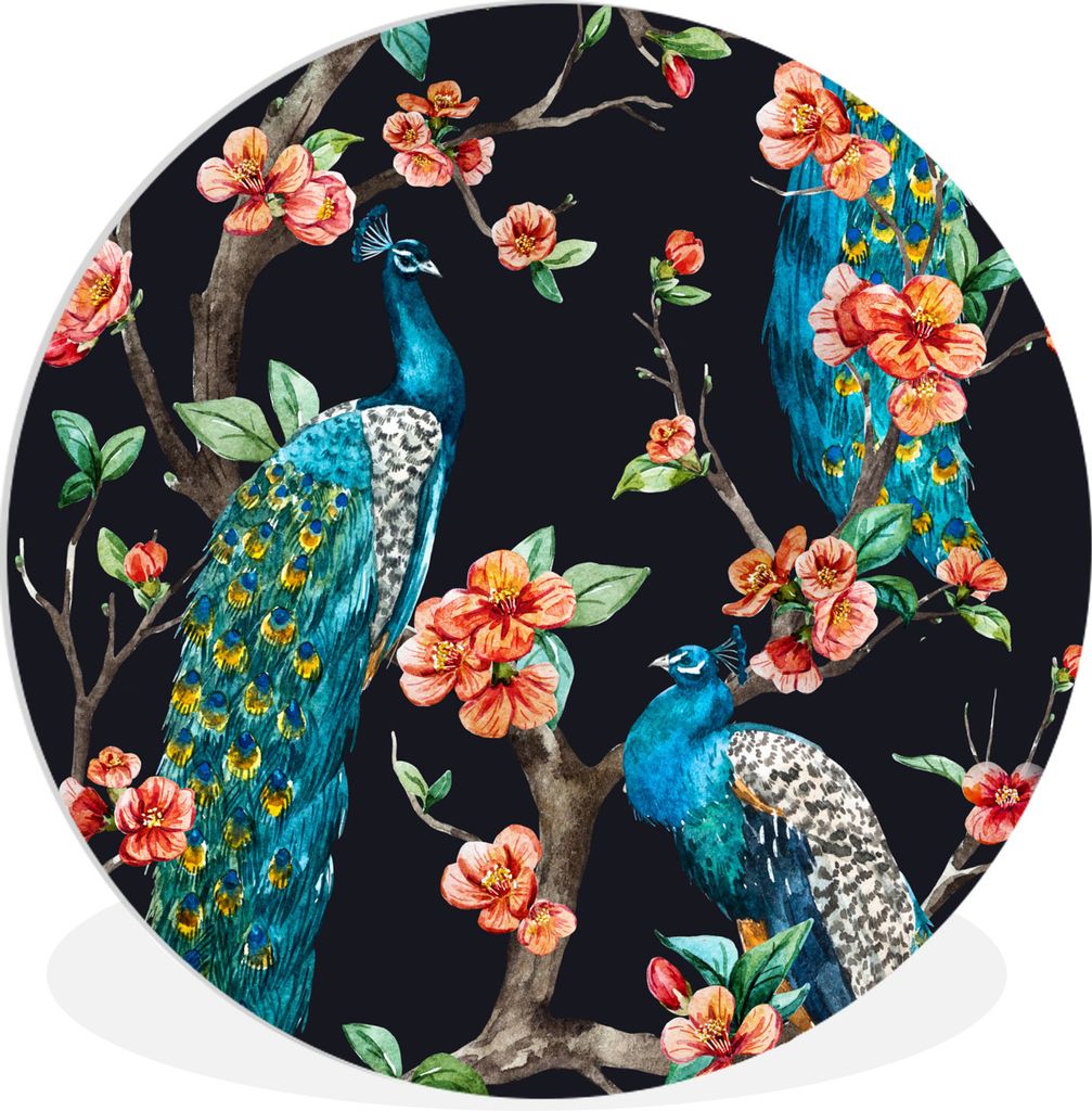 MuchoWow Rundes Wandbild - Runde Bilder Muster - Pfau - Blüte - Schwarz Ø 30 cm Kreis Wanddekoration Kunststoff - Wandkreis - Wandschmuck - Sch...