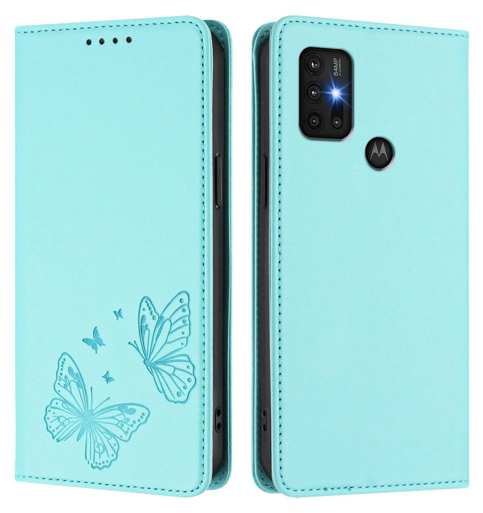 Lederhülle für Motorola Moto G30 / G20 / G10, Schmetterling Prägung Leder Brieftasche Schutzhülle mit Ständer Türkis