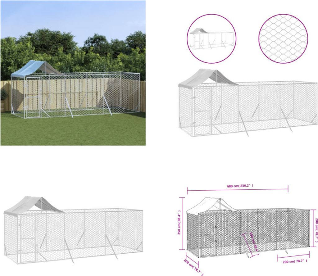 vidaXL Outdoor Hundezwinger mit Dach Silber 6x2x2,5 m Verzinkter Stahl - Outdoor-Hundehütte - Outdoor-Hundezwinger - Hundehütte - Hundekäfig