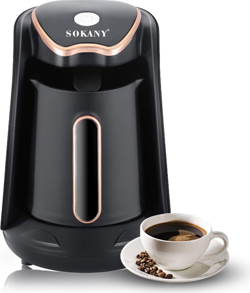 A black SOKANY electric Turkish coffee maker with gold accents is shown next to a cup of coffee and coffee beans.