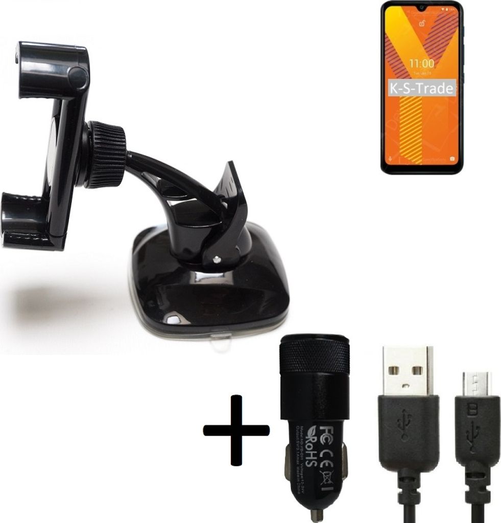 K-S-Trade Halterung kompatibel mit Wiko Y62 Windschutzscheibe / Armaturenbrett + LADEGERÄT mit Mico USB Kabel Autohalterung KFZ Halter