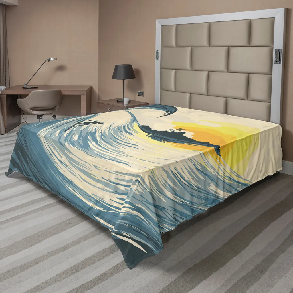 Drap de lit océan en tissu doux et confortable, motif île et surf 275x260