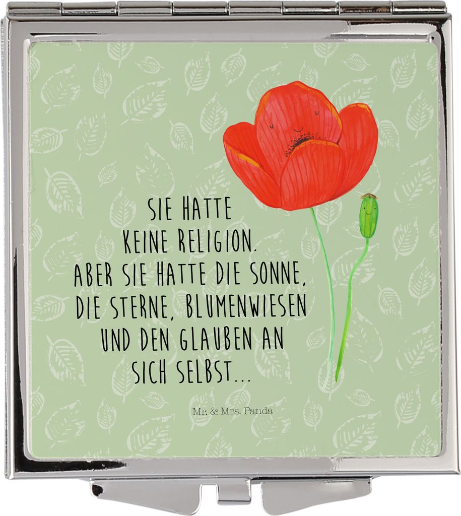 Mr. & Mrs. Panda Schminkspiegel Blume Mohnblume - Blattgrün - Geschenk, Klappbarer Spiegel, Motivation, Glaube, Garten, Selbstliebe, Quadratischer...