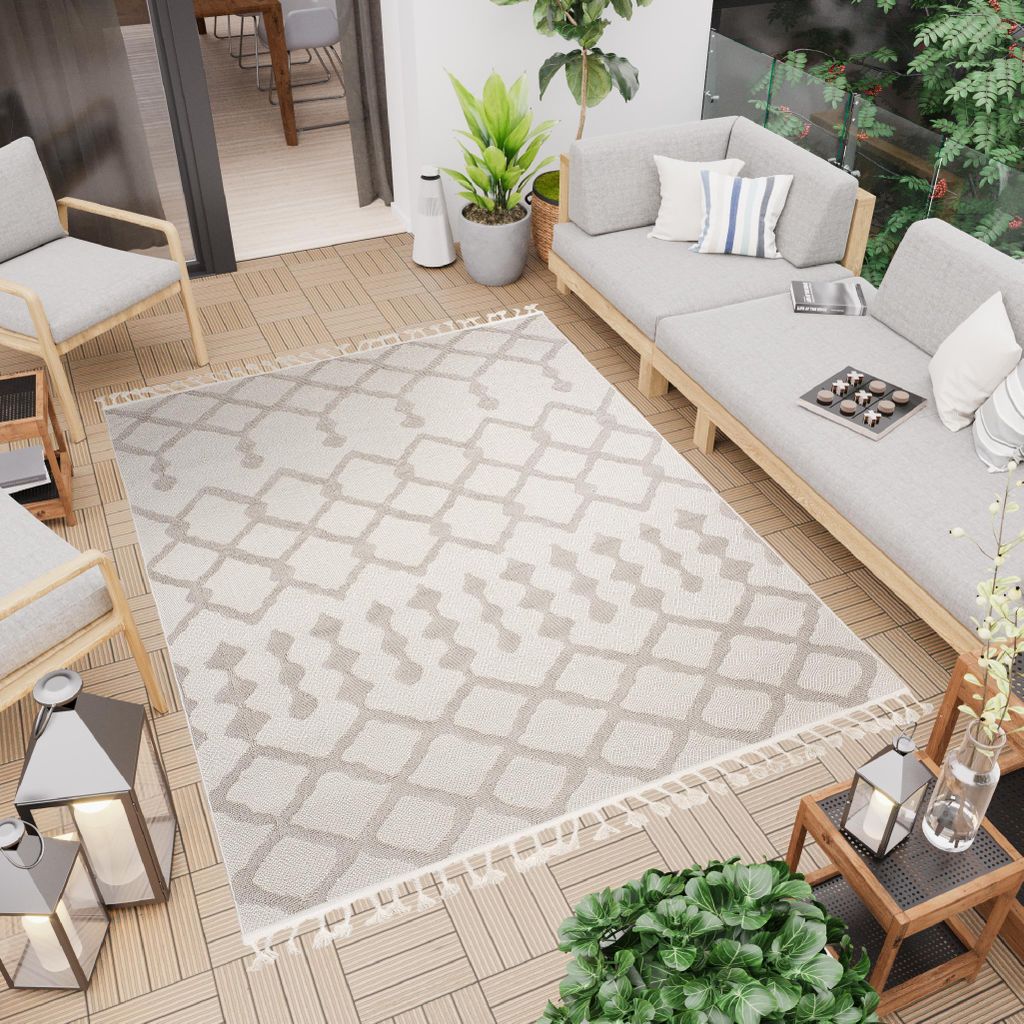 Teppich 3D Struktur Indoor Outdoor Modern Design Fransen Ethno Creme Beige 140 x 200 cm
