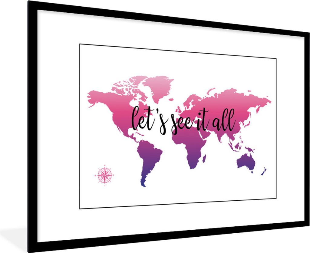 MuchoWow® Gerahmtes Poster Weltkarte - Rosa - Kompass 90x60 Produktbild 
