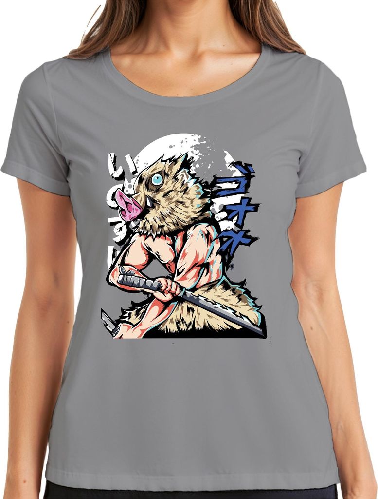 Ebermaske Samurai Schwert Anime Krieger Muskulös Manga Cosplay Damen T-Shirt, Grau, 3XL