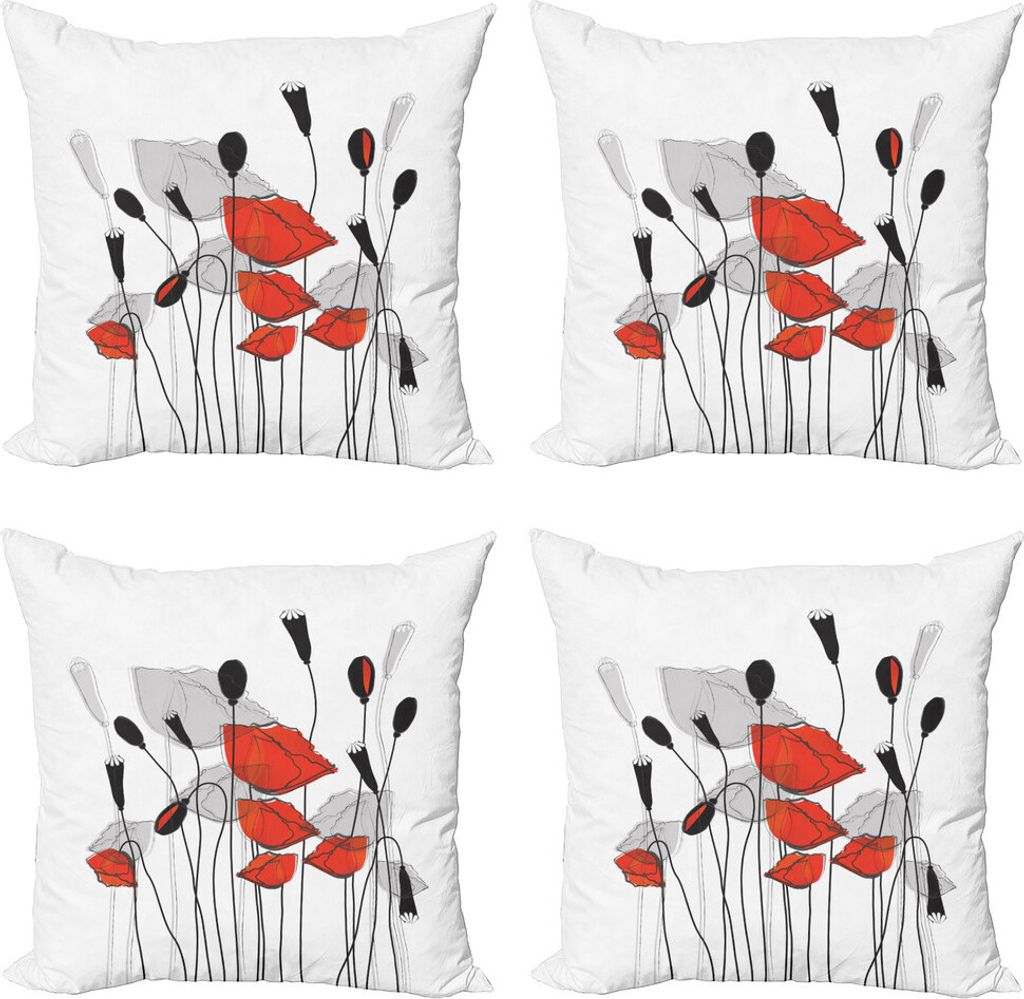 ABAKUHAUS Blumen Kissenbezug Set (4 Stück), Hand Drawn Mohnblu, Moderner Doppelseitiger Digitaldruck, 60 cm x 60 cm, Vermilion Schwarz