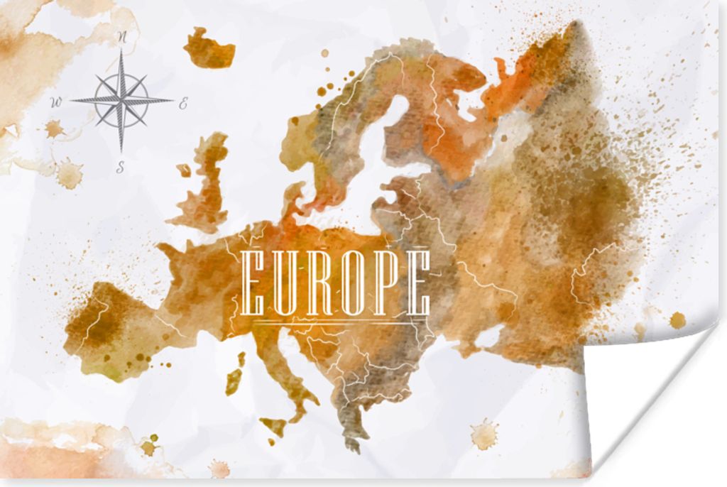 MuchoWow Poster Europa - Farbe - Weltkarte 90x60 cm - Schlafzimmer