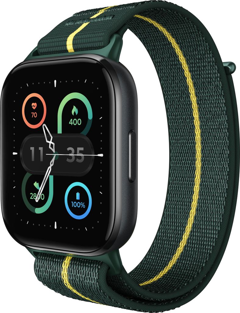 A close-up shot of a smartwatch with a green and yellow striped band, displaying various health and time metrics on its screen.