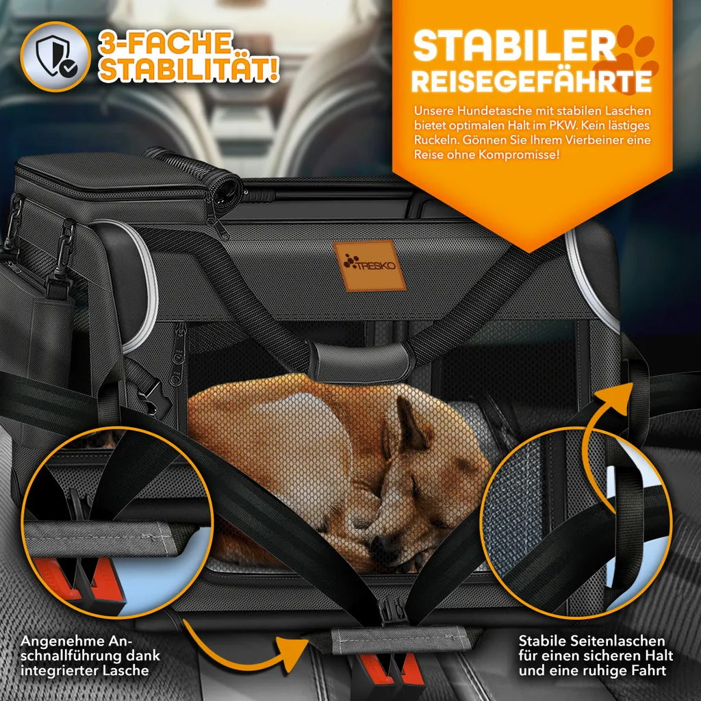 TRESKO® cassa per cani pieghevole nera (XXL 92x63x63cm) incl. tappetino per leccare, spatola e catarifrangenti | box di trasporto per cani e gatti | box di trasporto per cani di piccola e grande taglia | robusta borsa per cani - 9