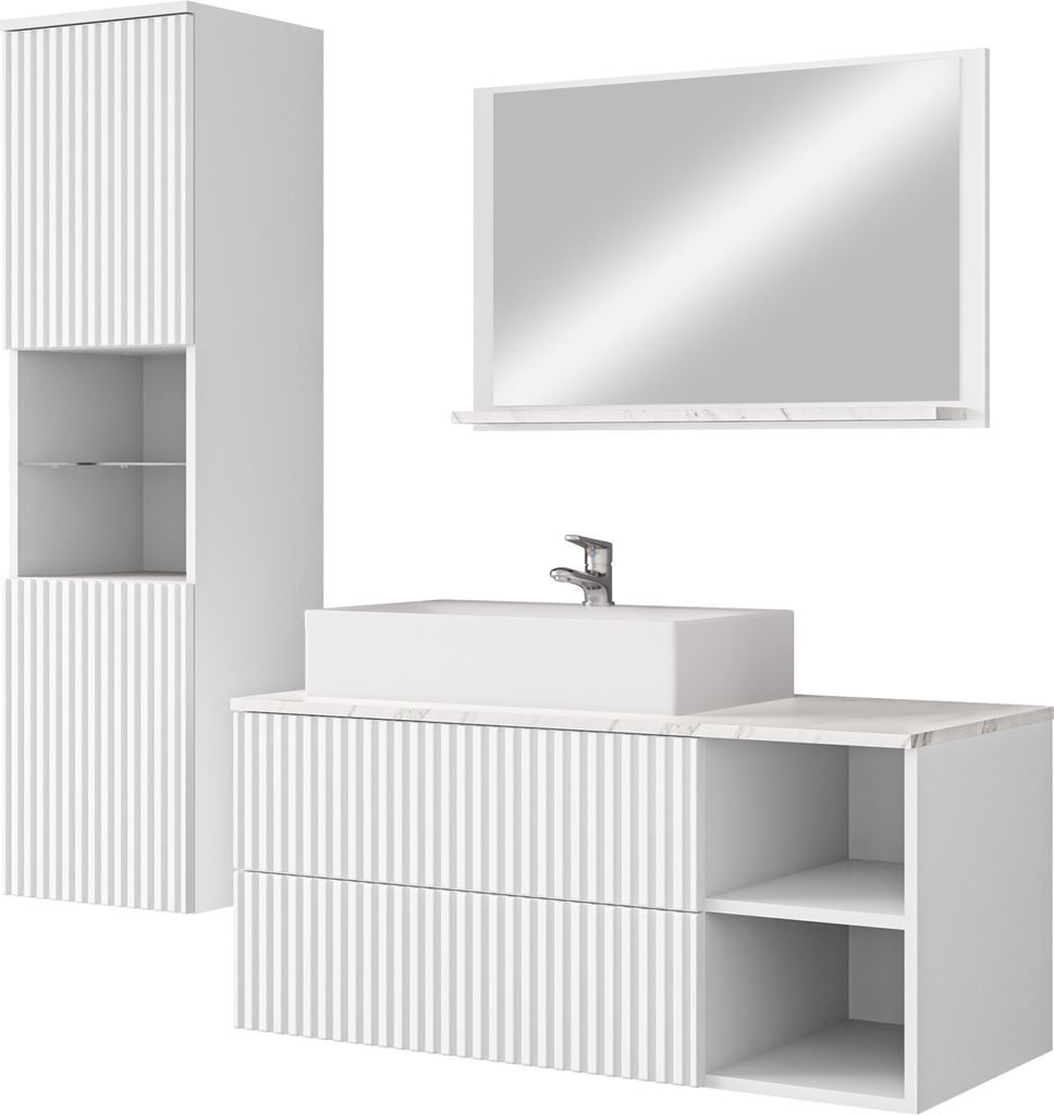 MIRJAN24 Badmöbel Kertos Rillen II, 4er-Set Badmöbel-Set, Spiegel, Waschbeckenschrank, Waschbecken, Fronten gefräst, Spihon (Farbe: Weiß / Wei...