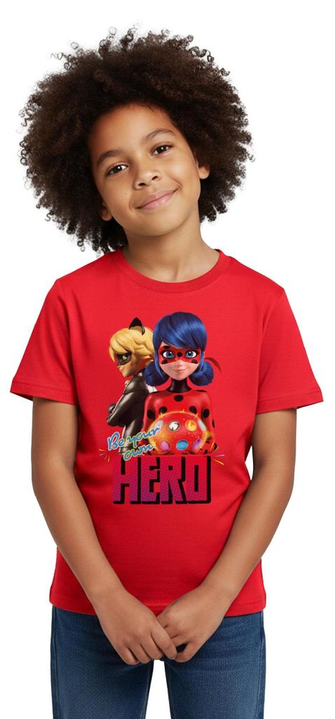 Spreadshirt Miraculous Be Your Own Hero Kinder T-Shirt, 122/128 (7-8 Jahre), Rot