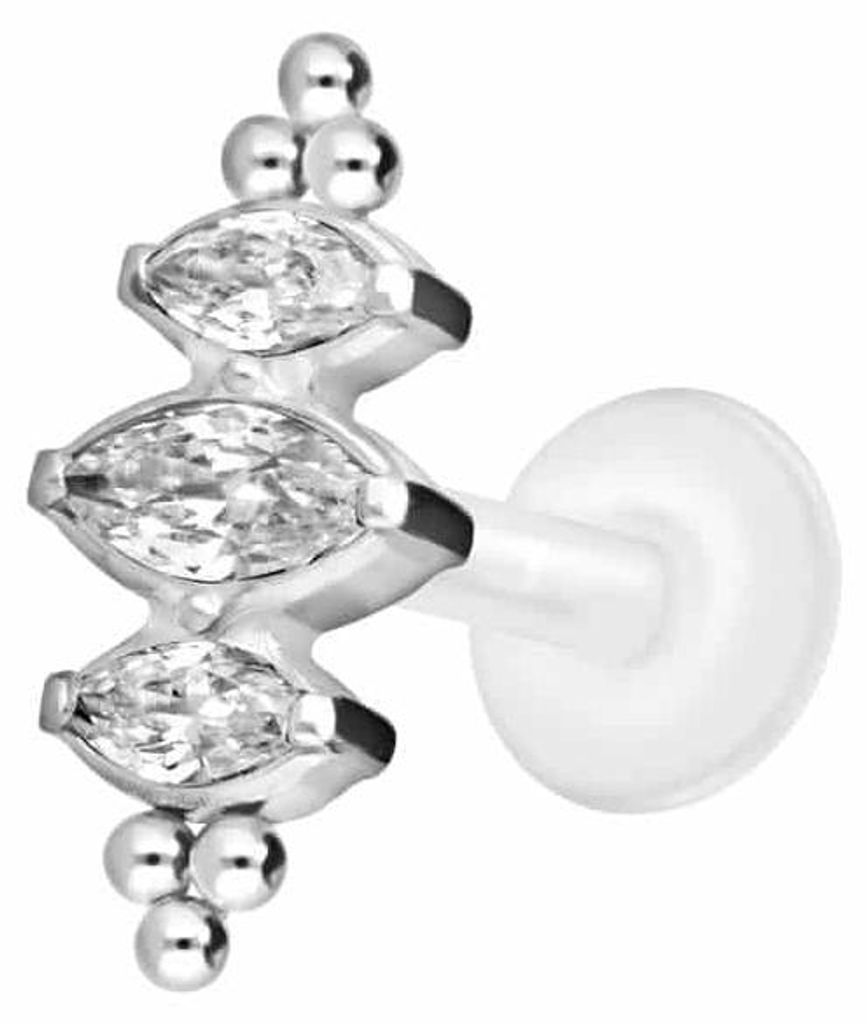 Ohrpiercing, Nasenpiercing PTFE Labret mit Innengewinde + Titan-Aufsatz 3 KRISTALLTROPFEN + KUGELN Silber Stablänge: 6mm | Stabstärke: 1,2mm