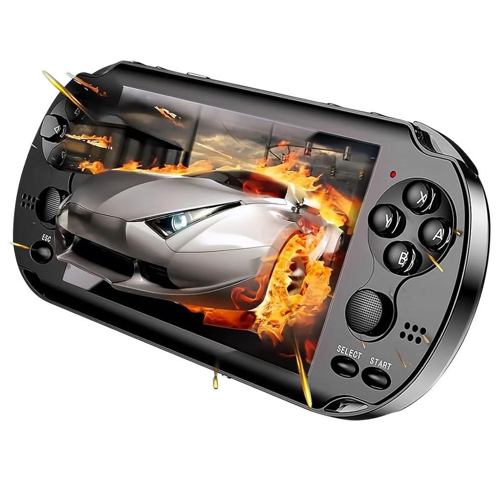 A handheld gaming console displaying a racing car on fire.