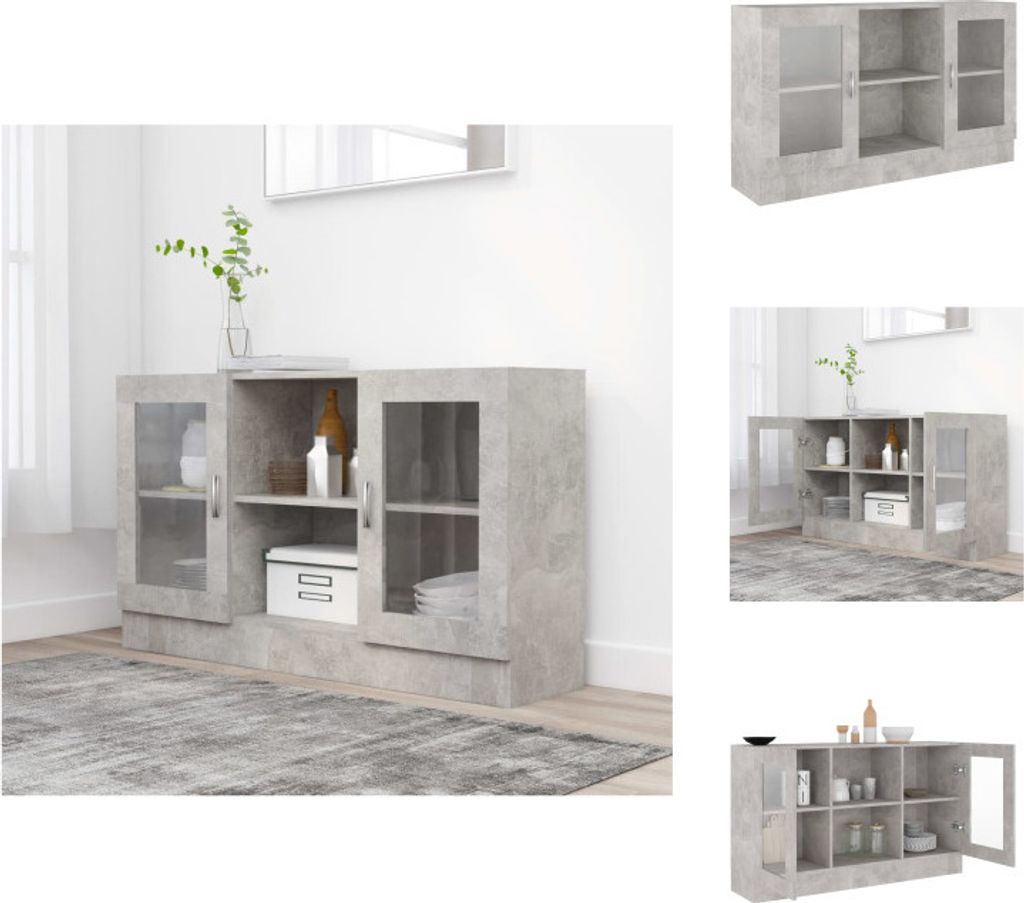 A collage of images showing a gray sideboard cabinet with glass doors, displayed in different angles and settings.