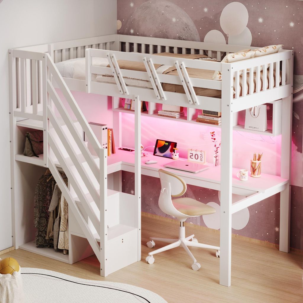 okwish Hochbett 90x200 Jugendbett mit Aufbewahrungstreppe und Bücherregale,Massivholzbett Kinderbett mit Schreibtisch und LED-Lichtleisten,weiß(O...