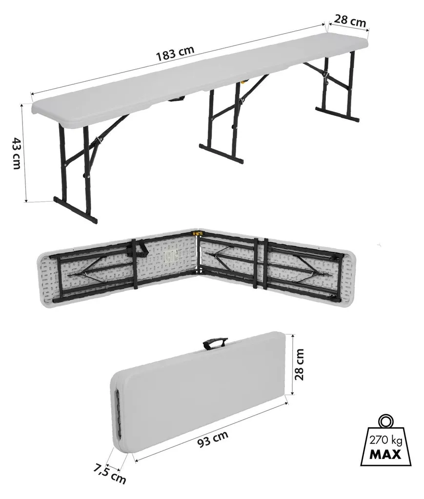 Banc pliable blanc 180 cm résistant aux UV - Structure acier renforcé