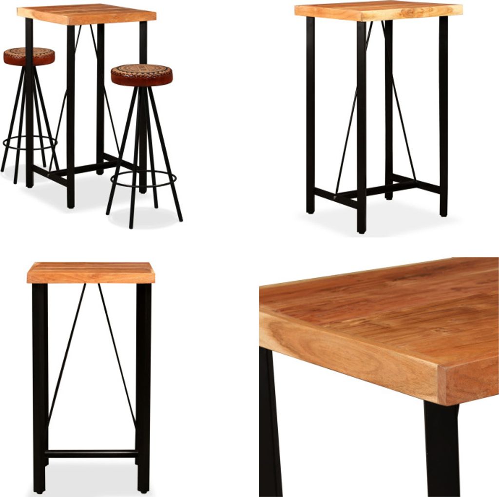 vidaXL Bar Set 3 tlg. Akazie Massivholz, Echtleder und Canvas - Bar-Set - Bar-Sets - Bartisch Und Barhocker - Bartische