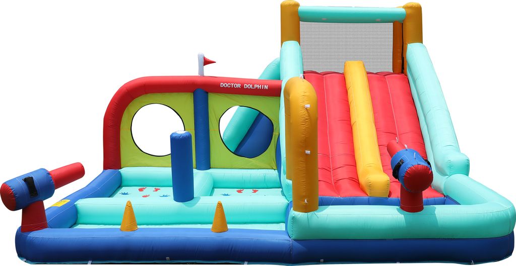 [Mit Gebläse] Kinder-Hüpfburg, multifunktionaler Outdoor-Wasserpark mit Gebläse, Wasserschloss, Doppelrutschen-Wasserrutsche / Kletterwand / Was...