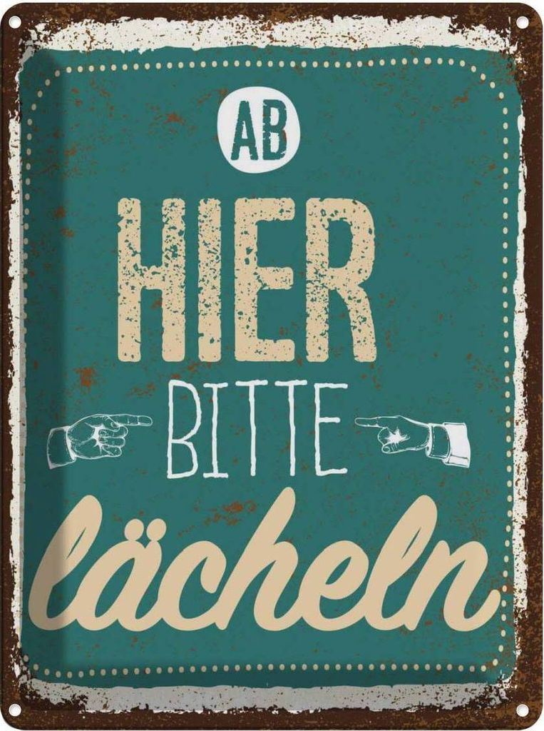 vianmo Blechschild 40x30 cm Ab hier bitte lächeln blau Produktbild 