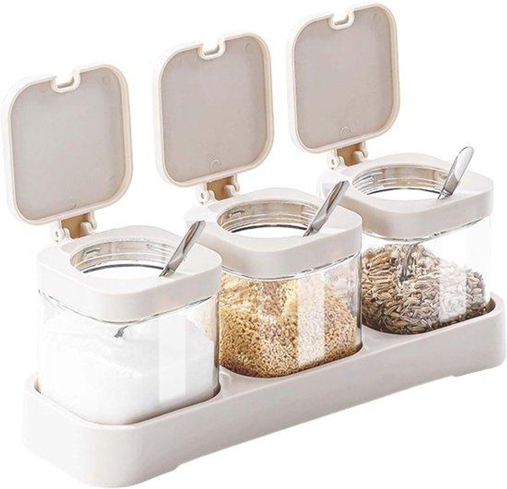 Kräuterbehälter-Set mit Edelstahl-Löffel, Mehl, Zucker, Salzbehälter, Glas, quadratische Kräuterhalter mit Deckel und Basis, Vorratsdosen, Sal...