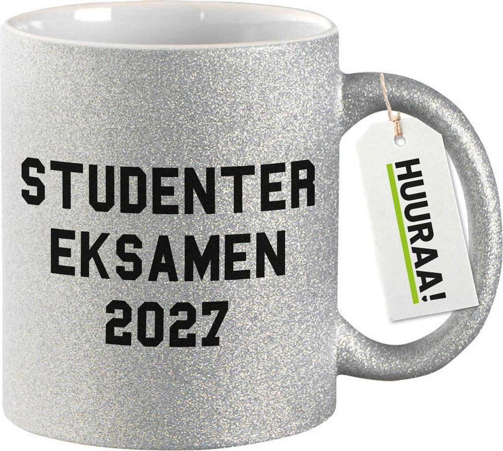 Huuraa Glitzertasse Studentereksamen 2027 Abschluss Dänemark 330ml Silber Keramik Kaffeebecher Geschenkidee