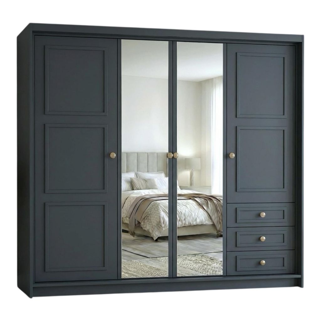 Geräumiger viertüriger Kleiderschrank OSLO mit Schubladen und Metallgriffen – modernes Design Farbe: Graphit